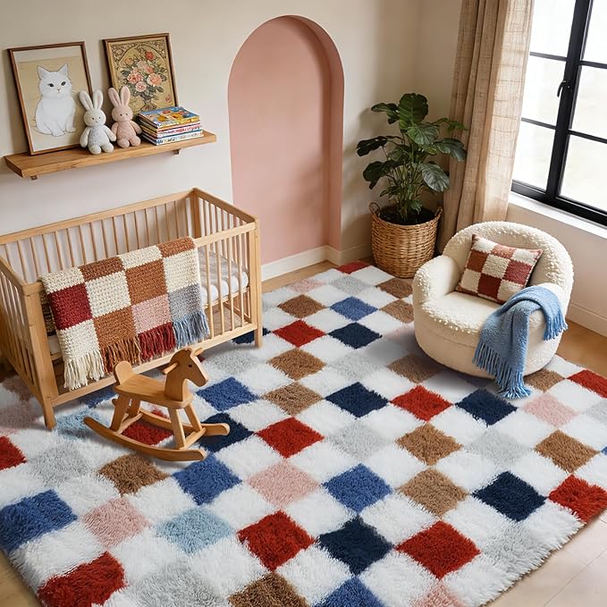 Large Shag Area Rug for Bedroom Living Room,9x12 Fluffy Soft Colorful Checkered Rug Fuzzy Shaggy Bedroom Carpet,Indoor Plush Floor Rugs for Kids Boys Girls Teen Dorm Nursery Home Decor