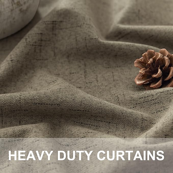 Linen Brown Curtains for Bedroom 84 Inch Long 2 Panel Burg 100% Blackout Back Tab Pleated Look Drape Light Blocking Thermal Insulated Burlap Farmhouse Black Out Curtain for Living Room 52x84 in Length