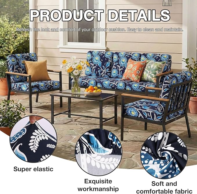 hyha 4Pcs Patio Cushion Covers, Stretch Outdoor Couch Cushion Covers Replacement, Washable Outdoor Chair/Sofa Slipcovers for Patio Furniture Cushions Protector with Elastic Bottom(Bluebell,Cover Only)