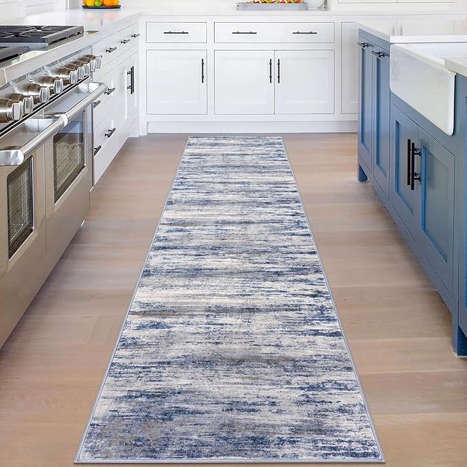 KOZYFLY Modern Abstract Washable Rug Runner 2x8 Hallway Runner Rug Non-Slip Soft Kitchen Runner Rugs, Print Grey-Blue Striped Carpet Runner for Entryway Bathroom Laundry Room Foyer