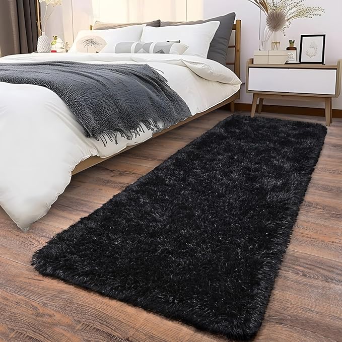 Soft Runner Rugs for Bedroom Hallways, 2x6 Black Fluffy Shag Throw Area Rug Non Slip for Bedside Dorm, Long Shaggy Furry Carpet for Nursery Living Room