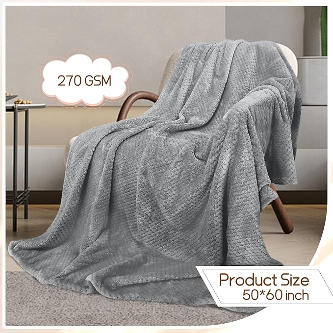 4 Pack Fleece Throw Blankets 50x60 Inches - 270 GSM Ultra Soft Plush Flannel for Bed Couch Sofa, Lightweight Warm 3D Waffle Texture, No Shedding No Pilling All Season Throw (Gray)