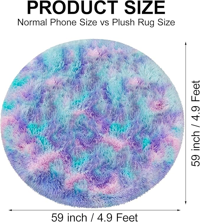 5x5 ft Tie Dye Rainbow Round Rug for Bedroom Room Fluffy Circle Rug Furry Carpet Shaggy Circular Fuzzy Washable Non-Slip Large Area Rug Soft Indoor for Living Room Cute Aesthetic Home Decor