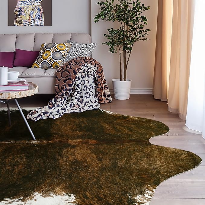 AROGAN Faux Cow Print Rug Large (4ft x 3ft) - Cow Print Area Rug with No-Slip Backing, Large Animal Skin Rugs for Living Room, Offfice, Room Decor, Saddle Brown