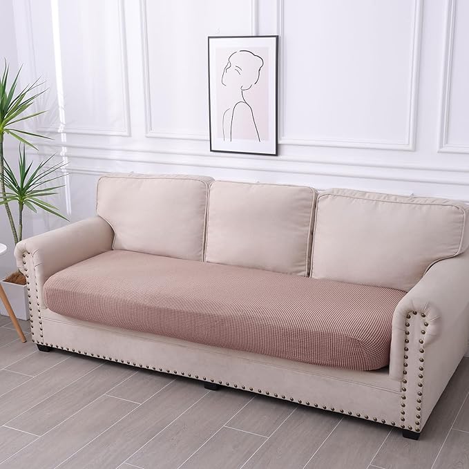 hyha Waterproof Couch Cushion Covers for Pets, Non Slip Sofa Seat Cover for Dogs Washable, Soft Thick Stretch Jacquard Fabric, Sofa Slipcovers with Elastic Bottom (1 Piece for Large, Camel)