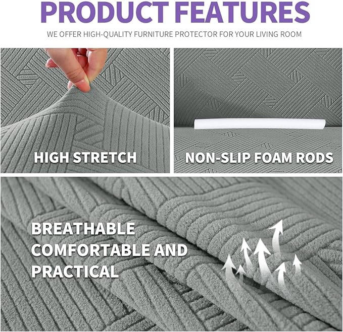 ZNSAYOTX Super Stretch Loveseat Covers (57"-70"), New Striped Love Seat Slipcover, Dogs Pet Friendly Anti-Slip Couch Protector Spandex Durable 2 Seater Fabric Sofa Cover(Light Grey, Loveseat)