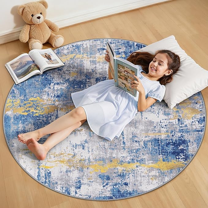 Washable Area Rugs 4ft Non-Slip Modern Abstract Soft for Living Room Entryway Bedroom Nursery, Print Pattern, Grey Blue Gold/Golden