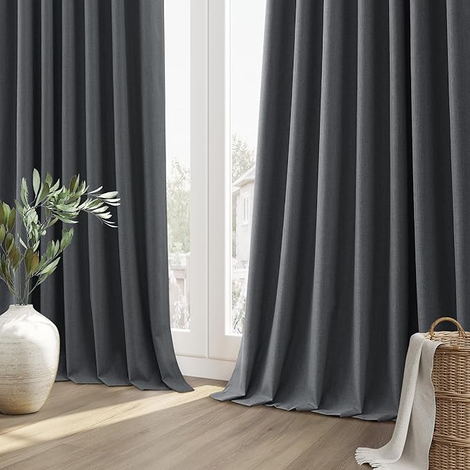 Guken Blazer Grey 100% Blackout Linen Curtains 120 Inch Length 2 Panels Set for Living Room Bedroom Back Tab/Rod Pocket Thermal Insulated Farmhouse Black Out Drapes Room Darkening,52x120