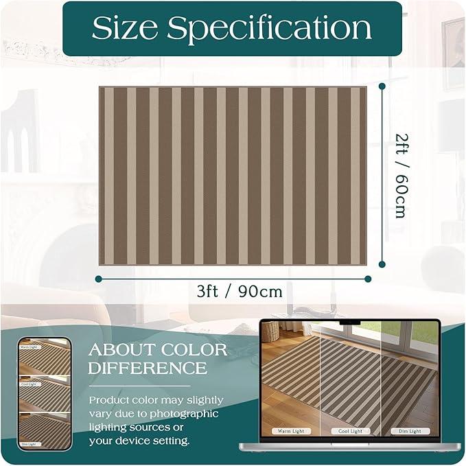 Front Door Mat Outside Entrance - 2x3 Brown Beige Striped Non-Slip Washable Doormat Indoor Outdoor Mat Entry Rug Small Layered Area Rug for Entryway Kitchen Front Porch Decor