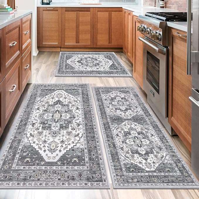 HEBE Boho Kitchen Rug Sets 3 Piece with Runner Non Slip Kitchen Rugs and Mats Washable Kitchen Mats for Floor Thick Kitchen Floor Mat Carpet Runner Rugs for Hallway Laundry Holiday Decor