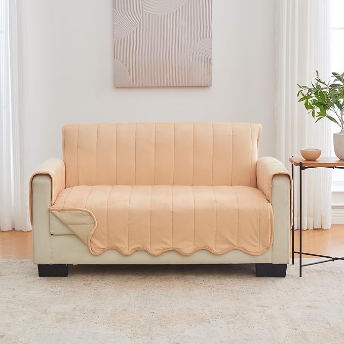 Great Bay Home Velvet Loveseat Cover - Washable Slipcover Furniture Protector with Elastic Straps - Furniture Cover for Dogs, Kids, and Pets - Stitched Detail (Peach)