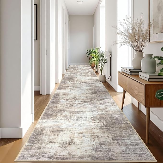 IOHOUZE Abstract Runner Rug 3x18 Ft Extra Long Washable Runners for Hallways, Non Slip Kitchen Runner Printed Faux Wool Entryway Runner Indoor, Modern Abstract Floor Carpet for Hall Stair, Beige Brown