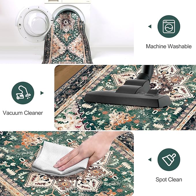 Yamaziot Washable Area Rug, 2x3 Small Entryway Rug Non-Slip Boho Vintage Rug with Rubber Backing, Low Pile Faux Wool Soft Distressed Floor Carpet for Indoor Door Mat, Kitchen, Laundry Bathroom