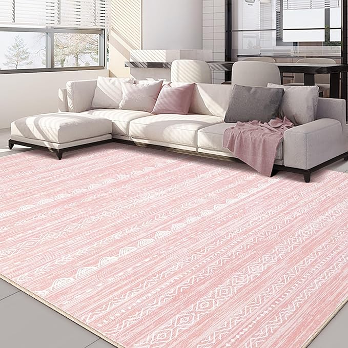 Nakagishi Pink Rugs for Bedroom Girls: 7x10 Washable Boho Large Neutral Cute Soft Area Rug Modern Indoor Floor Non Slip Accent Carpet for Living Room Nursery Kids Playroom Preppy Room Dorm Baby Room