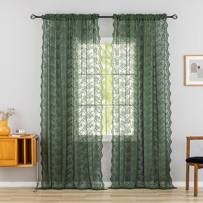 YJ YANJUN Vintage Lace Curtains 72 Inches Long-Victorian Floral Pattern Dark Olive Green Sheer Curtain Panels for Living Room Bathroom Spring Embroidered Drapes Light Filtering 2 Panels 52W x 72L