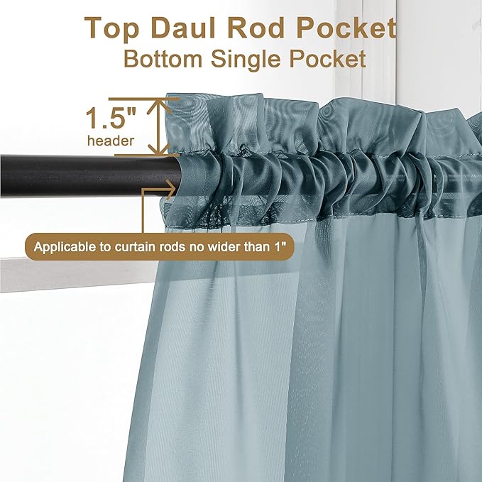 Chyhomenyc Stone Blue Sheer Curtains 30 inch Length 2 Panels, Light Filtering Voile Rod Pocket Short Window Curtians for Bathroom Living Room Farmhouse Small Windows, 42Wx30L inches