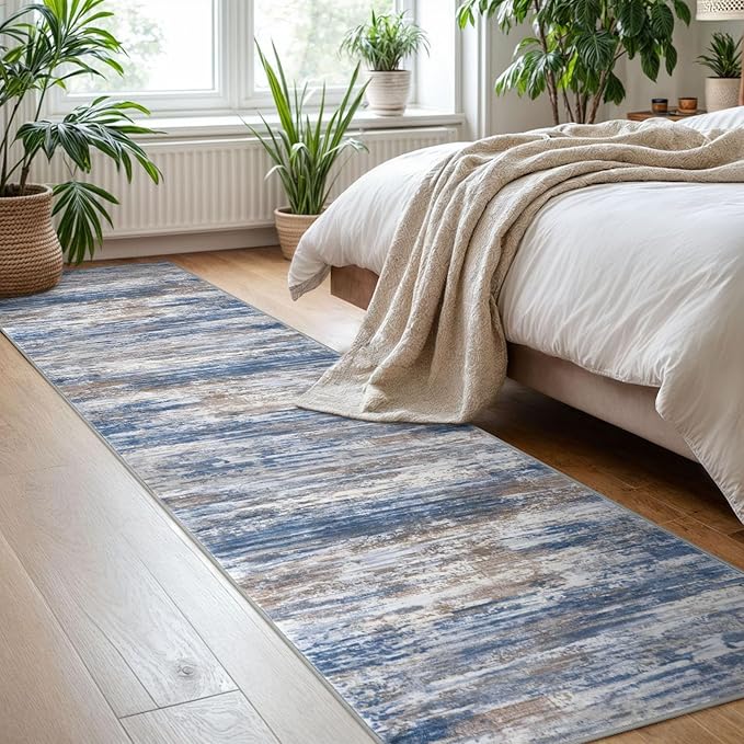 KOZYFLY Modern Abstract Hallway Runner Rug, 2x8 Kitchen Rugs Non-Slip Washable Soft Striped Runner Rugs, Print Blue Rust Carpet Runner for Entryway Bathroom Laundry Room Foyer