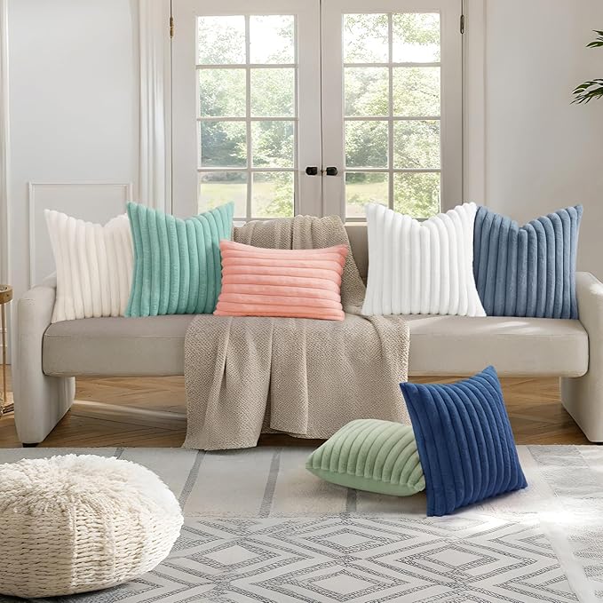decorUhome Summer Cozy Faux Fur Throw Pillow Covers 16x16 Set of 2 Decorative Soft Plush Striped Modern Farmhouse Boho Couch Pillow Cases with Velvet Back for Sofa Bed Living Room, Aqua