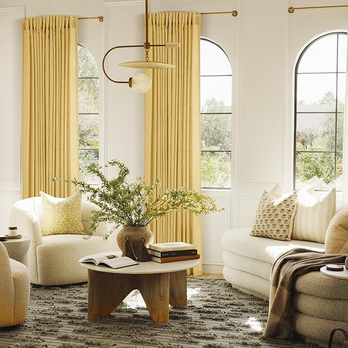 Gold Curtains for Living Room Back Tab Modern Farmhouse Semi Sheer Curtains 96 inches Long 2 Panels Set Muted Neutral Window Curtain for Dining Room Bedroom 52x96