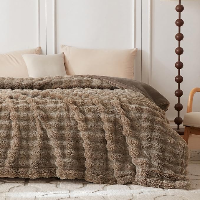 COOVA Faux Fur Throw Blanket for Couch, Cozy Soft and Fuzzy Plush Rabbit Fur Bubble Blanket for Sofa Bedroom Living Room, 60x80 Inches Cationic Brown