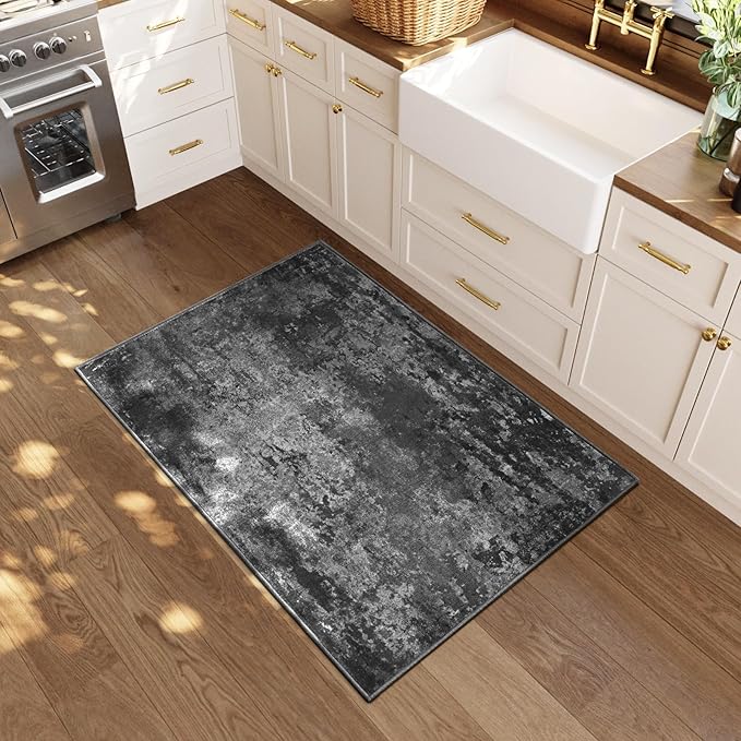 Entrance Rugs Indoor 2x3 Black Entry Rug Washable Abstract Black Small Area Rug Non-Slip Low Pile Throw Rugs for Entryway, Kitchen Floor, Front Door Indoor Door Mat, Bathroom, Bedroom Bedside