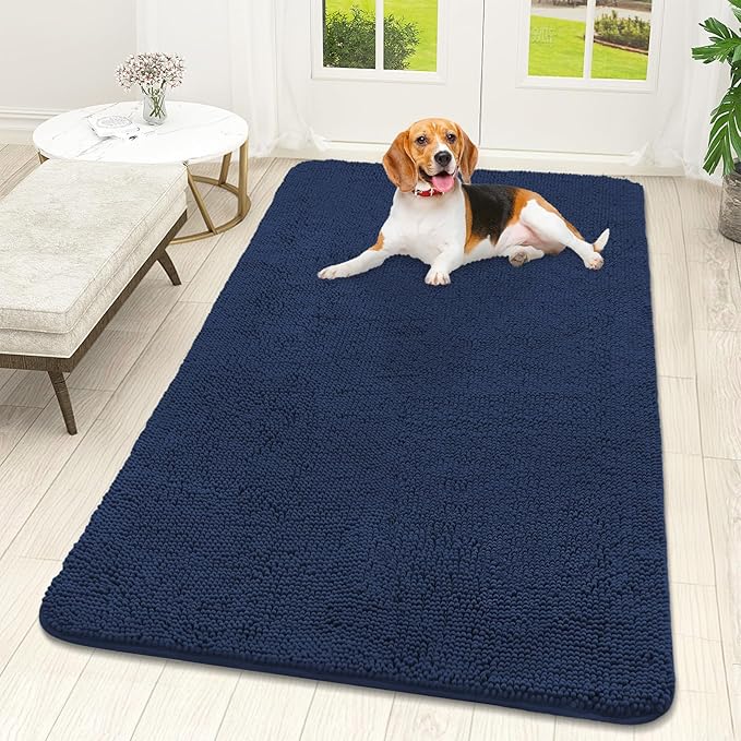 OLANLY Dog Door Mat for Muddy Paws 59x32, Absorbs Moisture and Dirt, Absorbent Non-Slip Washable Doormat, Quick Dry Chenille Mud Mat for Dogs, Entry Indoor Entryway Carpet for Inside Floor, Dark Blue