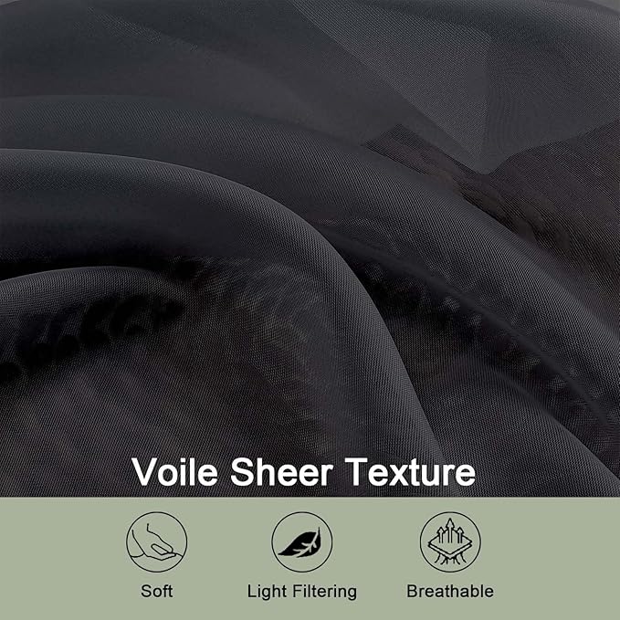 OWENIE Sheer Black Curtains, Sheer Curtains 63 inch Length 2 Panels Set, Rod Pocket Voile Fimly Sheer Drapes for Living Room Bedroom, 2pcs, Black, Each 59" W x 63" L