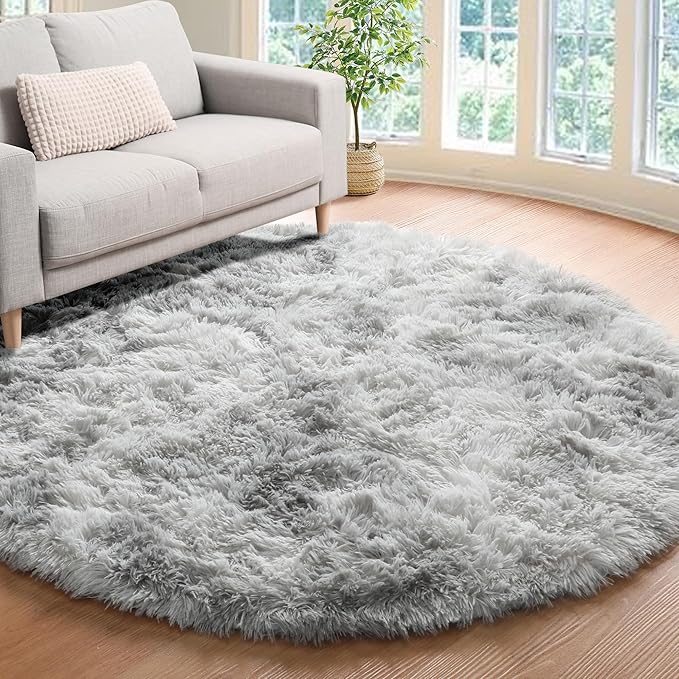 ONASAR Tie-Dyed Light Grey Round Area Rug 4ft, Ultra Soft Bedroom Circle Rugs for Kids Girls Teen Room, Fluffy Plush Shaggy Carpet Floor Mats for Baby Nursery Living Room Playroom Home Decor