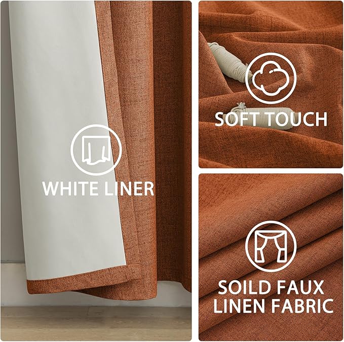 Yakamok Burnt Orange Linen Curtains 100% Blackout 90 Inches Long,Room Darkening Textured Curtains for Living Room Thermal Grommet Bedroom Curtains 2 Panels with White Liner