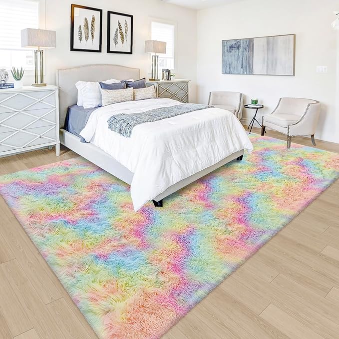 Fluffy Rainbow Colorful Area Rug for Living Room 5x8 Kawaii Tie Dye Rug Fuzzy Indoor Floor Unicorn Rug for Bedroom Girls Kids Nursery Baby Princess Room Dorm Home Decor Aesthetic Carpets
