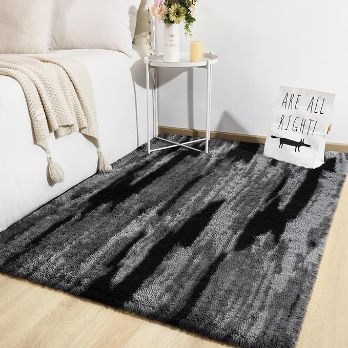 TWINNIS Super Soft Shaggy Rugs Fluffy Carpets, 5x8 Feet, Indoor Modern Plush Area Rugs for Living Room Bedroom Kids Room Nursery Home Decor, Upgrade Anti-Skid Rectangular Fuzzy Rug, Black Gray