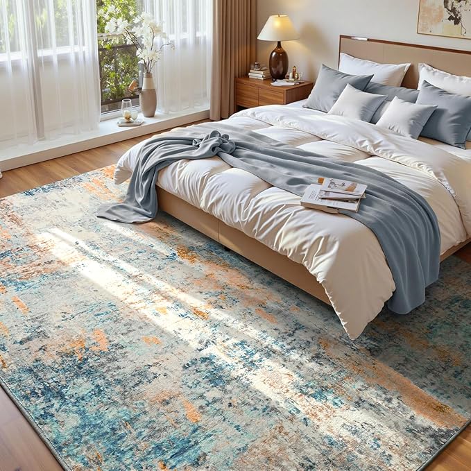 Ompaa Living Room Rug 6x9 Blue Area Rug Machine Washable Boho Rug Non Slip Abstract Vintage Indoor Large Rugs for Bedroom, Classroom, College Dorm, Farmhouse, Dining Room, Kids Playroom