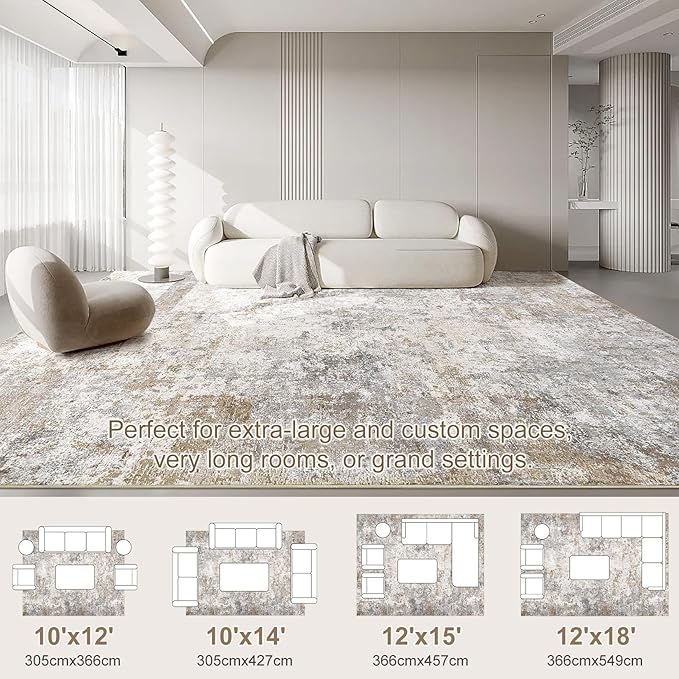 UERMEI 12x15 Area Rug Living Room Rugs - Washable Neutral Modern Abstract Soft Thin Large Rug Indoor Floor No Slip Rug Carpet for Bedroom Under Dining Table Home Office Decor - Brown Grey