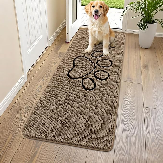 Smiry Dog Door Mat for Muddy Paws, Absorbent Dirt Trapper Non Slip Quick Dry Washable Chenille Mat for Mud Dogs, Entry Rug for Indoor and Outdoor (59x24 Inches, Camel and Black)