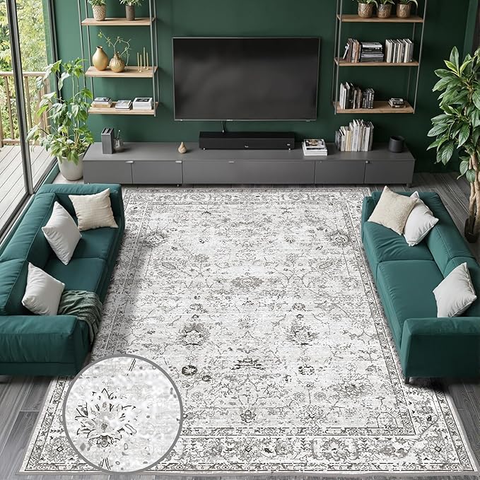 Grey White Area Rugs 9x12 Living Room, Washable Rug Non Slip Floral Low Pile Large Rug for Living Room, Bedroom, Farmhouse, Dining Room, Kids Playroom(9 x 12, Grey White)