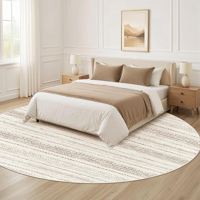 Nakagishi Round Rug Boho Area Rugs: 8x8 Washable Large Circle Neutral Soft Stain Resistant Non-Slip Carpet for Women Aged 25-45 Farmhouse Decor Enthusiasts - Living Room Bedroom Dining Room Nursery