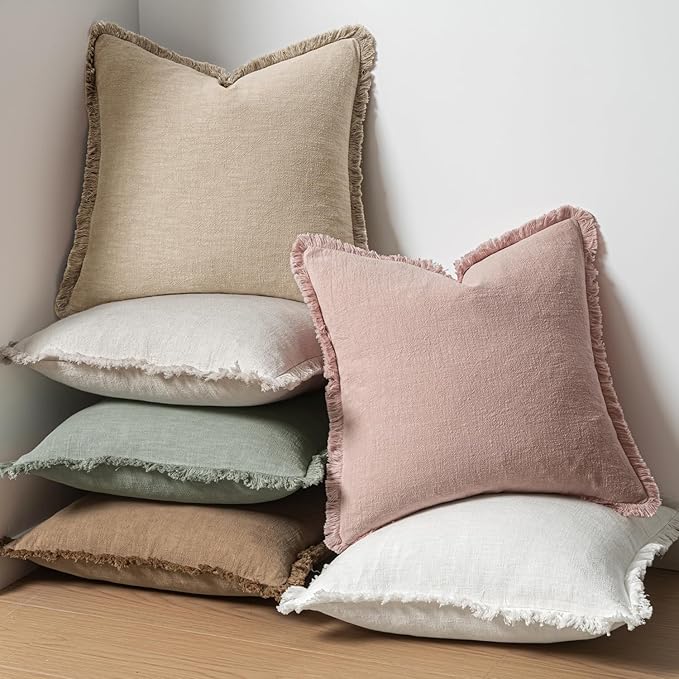 MIULEE Valentines Decorative Throw Pillow Covers Neutral Linen Fringe Throw Pillows Set of 2 Light Pink Boho Farmhouse Cushion Covers for Couch Sofa Bed Living Room Spring Home Decor 20x20 Inch
