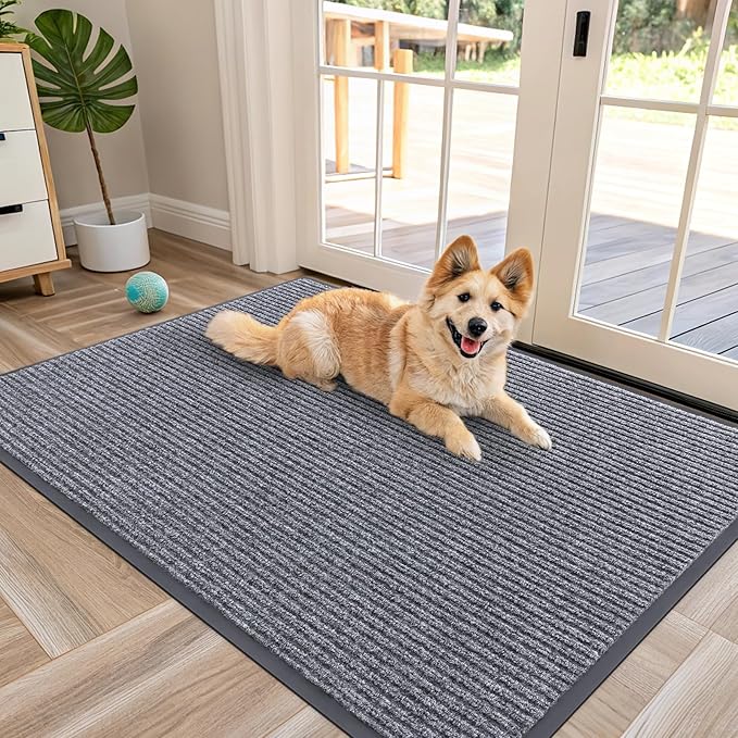 OLANLY Front Door Mat Indoor Outdoor Entrance, Waterproof Heavy Duty Doormat, Fade Resistant, Low Profile, Easy Clean Patio Porch Welcome Floor Mats for Entry, 47x30, Light Gray