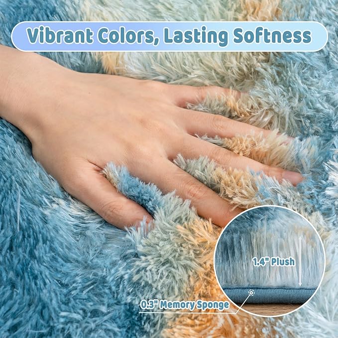 Soft Runner Rugs for Bedroom Hallways, 2x5 Abstract Blue Fluffy Shag Throw Area Rug Non Slip for Bedside Dorm, Long Shaggy Furry Carpet for Nursery Living Room