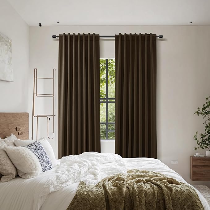 Guken Chocolate 100% Blackout Linen Curtains 102 Inch Length 2 Panels Set for Living Room Bedroom Back Tab/Rod Pocket Thermal Insulated Farmhouse Black Out Drapes Room Darkening,52x102