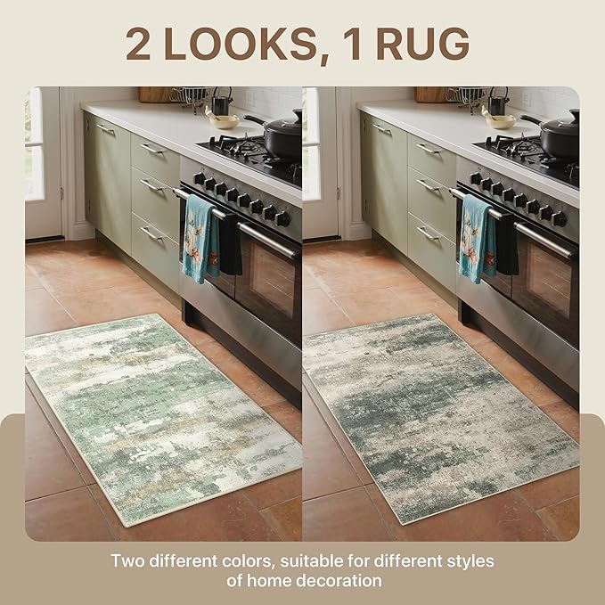 BEIMO Reversible 2x3 Rugs for Entryway Kitchen Bathroom, Modern Abstract Dual-Sided Area Rug, Machine Washable Soft Low Pile Indoor Mats, Includes Non-Slip Rug Pad, Green & Grey