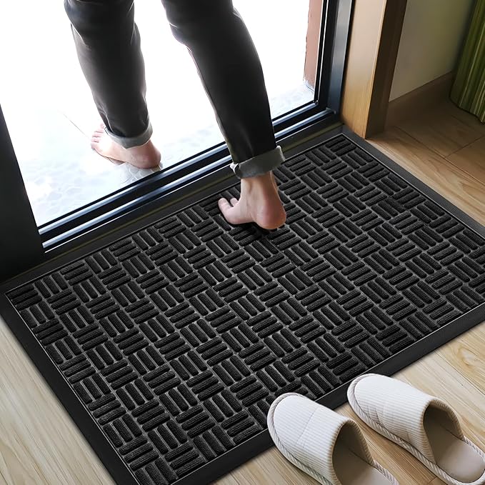 Mibao Front Door Mat, Heavy Duty Durable Welcome Mat for Outdoor Indoor, Dirt Trapper Waterproof Super Absorbent Door Mat for Entryway Outside Patio Porch, 35.5" x 24", Black