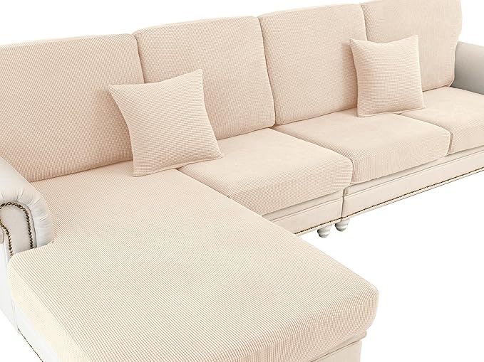 Couch Cushion Cover Chaise Lounge Cover Washable Separate Seat Chaise Couch Cover Stretch Sectional Sofa Slipcover(1 Piece for Chaise or Sofa 3-Seater, Natural)