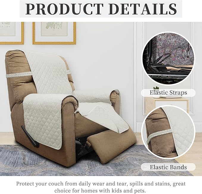 ISSUNTEX Double Protection 100% Waterproof Recliner Covers for Living Room, Reversible Furniture Protector Recliner Couch Sofa Slipcover for Dogs, Pets, Kids (Recliner, Ivory/Ivory)