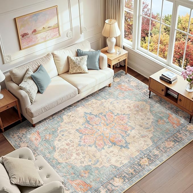RELEANY Area Rugs 6'x9' Washable Non-Slip, Floral Vintage Distress Print Pattern Medallion Carpet for Living Room Bedroom Dining Room, Blue Orange Red