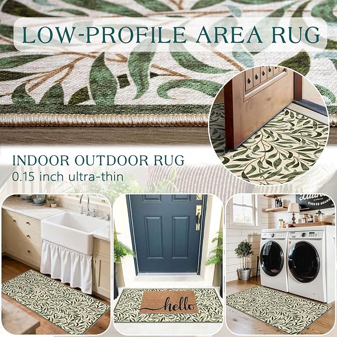 Front Door Mat Indoor Entrance - 2x4.3 Ft Boho Washable Layered Doormat Outdoor Entrance Porch Rug Non-Slip Spring Sage Green Leaf Runner Rug for Kitchen Bedroom Laundry Room Porch Decor
