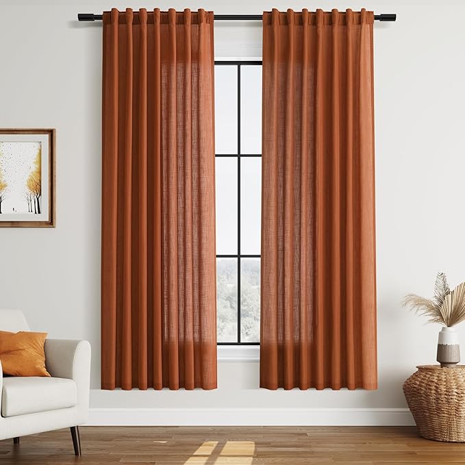 Nanspring Rust Linen Curtains for Living Room 72 Inches Long Light Filtering Semi Sheer Curtain Back Tab and Rod Pocket Vintage Rustic Luxury Home Decor Drapes for Bedroom Office 52x72, 2 Panels