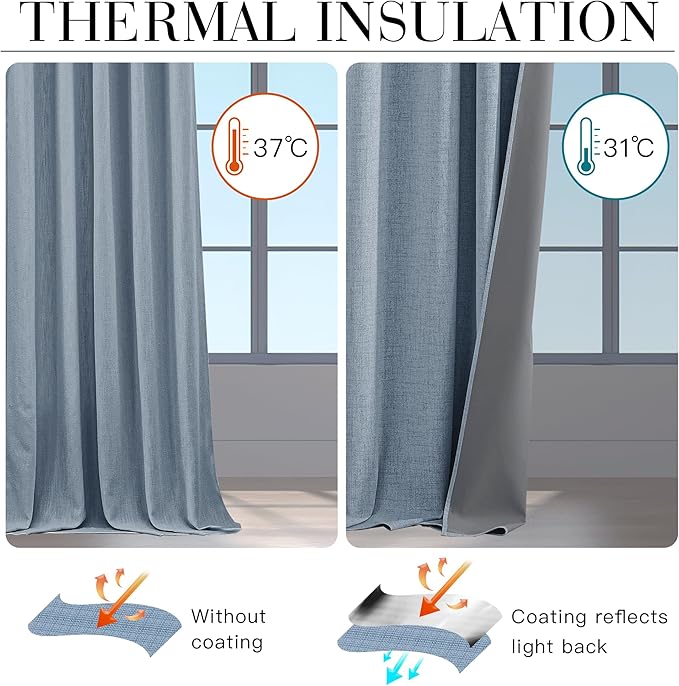 RYB HOME Smoky Blue 100% Blackout Linen Curtains 72 inch Long, Thermal Insulated & Privacy Assurd Drapes for Bedroom/Office/Nursery, Rod Pocket & Back Tab Window Treatment, W52 X L72, 2 Panels