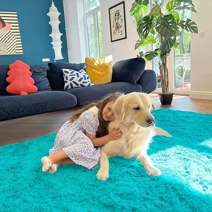 OLANLY 6x9 Machine Washable Large Area Rugs for Living Room, Bedroom, Soft Fluffy Shaggy Bedside Rug, Indoor Floor Carpet for Kids Girls and Boys, Dorms, Nursery, Home Decor Aesthetic, Teal Blue