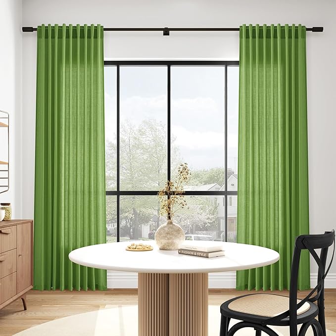 Lime Green Linen Curtains 84 Inches Long, Back Tab Light Filtering Semi Sheer Privacy Drapes for Living Room & Bedroom Simple Style, 52x84 inch, 2 Panels